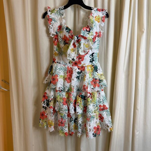 Ina White Floral Tiered Ruffle Off The Shoulder Bow Accent Dress Size medium - Picture 1 of 6